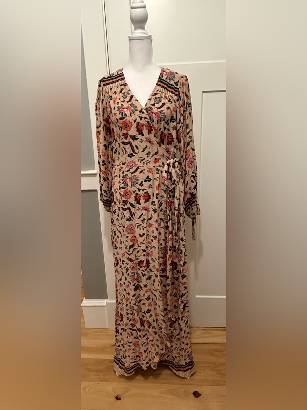 Natalie Martin Silk Beige Floral Maxi Dress with Pink and Brown Accents